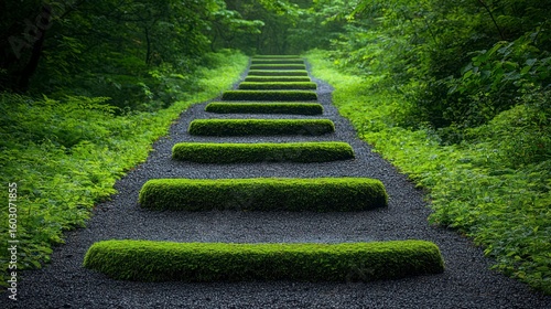 Stone stairs covered with green moss in the forest
