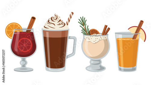 A product photography layout of four winter beverages arranged in a row against a pure white background. 