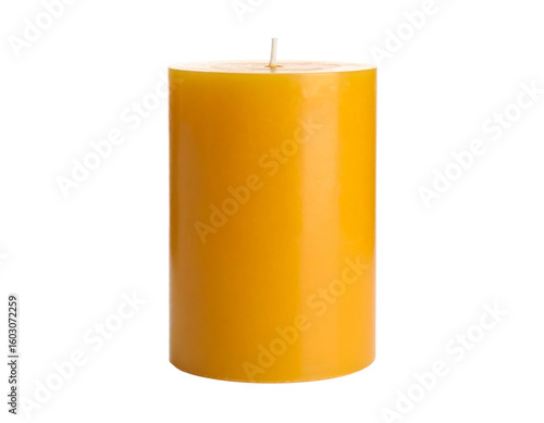A large, unlit yellow pillar candle, angled view, perfect for home decor and ambiance, isolated on a white background.