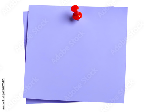 Purple sticky post-it note with red pushpin isolated on transparent background.