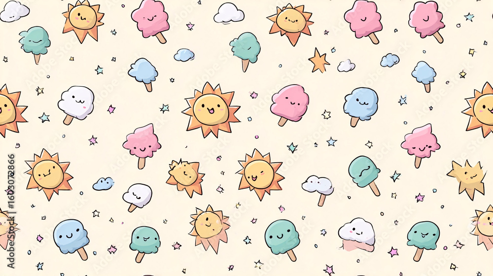 Obraz premium Cute Kawaii Pattern with Smiling Sun, Clouds, Ice Cream, and Stars on a Cream Background