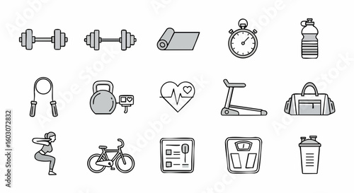 Fitness and gym equipment icons hand drawn style