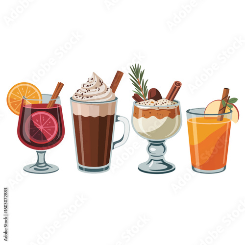 A product photography layout of four winter beverages arranged in a row against a pure white background. 