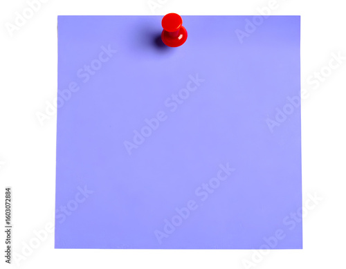 Purple sticky post-it note with red pushpin isolated on transparent background.