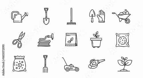 Hand drawn gardening tools and supplies doodle icons set vector illustration