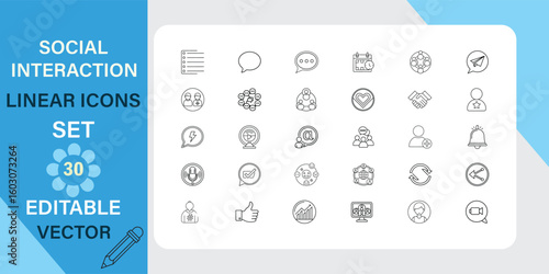 Editable Vector Social Interaction Linear Icons Set Communication, Networking, and Collaboration