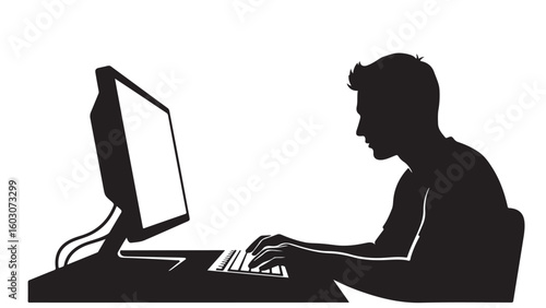 Silhouette of a man using a desktop computer, vector illustration