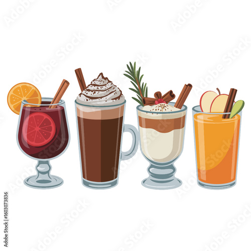 A product photography layout of four winter beverages arranged in a row against a pure white background. 