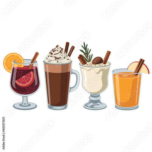A product photography layout of four winter beverages arranged in a row against a pure white background. 