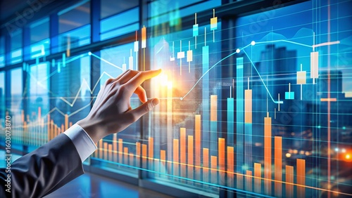 A businessmans hand touches a glowing financial graph on a futuristic screen overlooking a city at night
