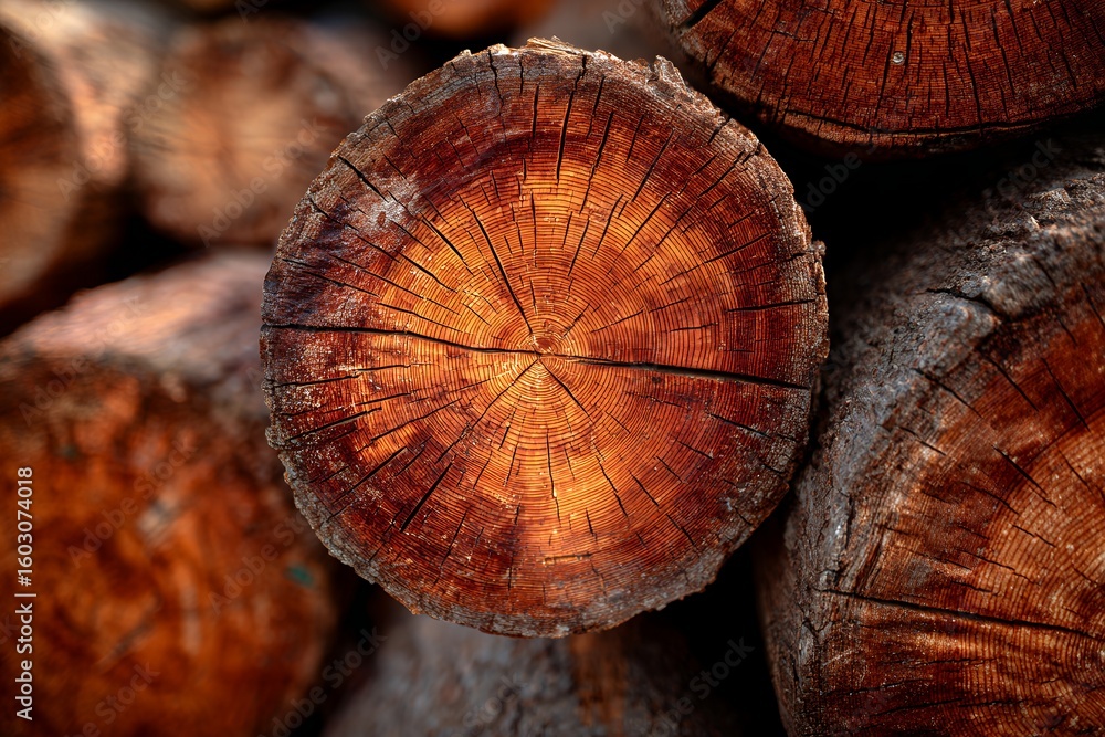Naklejka premium Close-up view of stacked tree logs showing growth rings and wood texture
