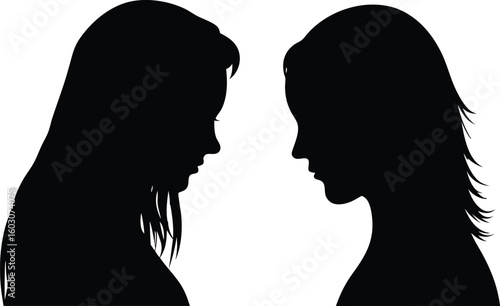 Silhouettes of two women facing each other depicting contemplation friendship or relationship against a bright white background vector illustration