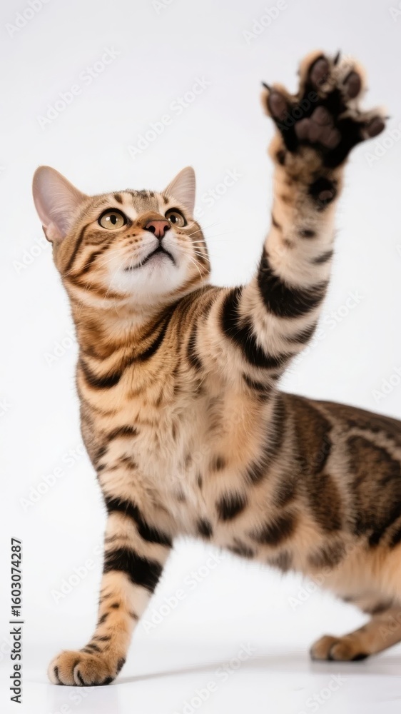 Obraz premium A Bengal cat with a raised paw, showcasing its spotted coat and alert expression against a white background.