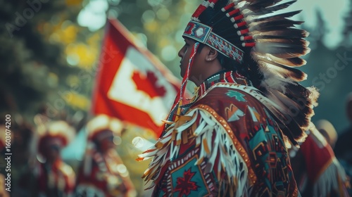 A profile view of an Indigenous performer at a powwow, wearing a traditional feathered headdress and ornate regalia. The Canadian flag is visible in the background, creating a powerful cultural scene