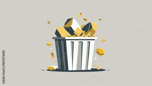  Financial loss concept with gold bars being thrown into a trash can