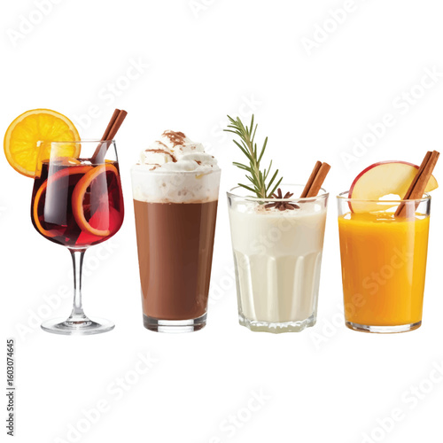 A product photography layout of four winter beverages arranged in a row against a pure white background. 