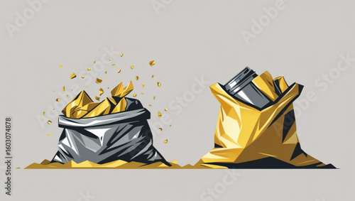  Vector illustration of two bags filled with gold nuggets and silver bars