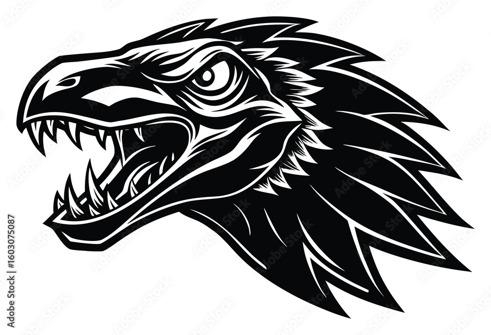 Fototapeta premium Dramatic Black and White Dinosaur Head Vector Illustration
