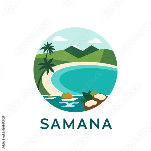 Vector badge of Samaná tropical beach with turquoise bay, coconuts, palm trees, and mountainous background