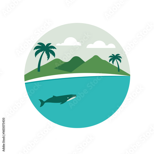 Minimal vector of tropical Samaná beach with whale, calm turquoise sea, and palm trees under cloudy sky