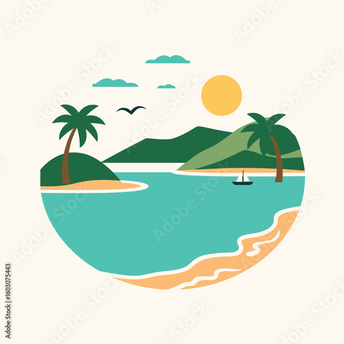 Flat vector illustration of Samaná with sandy beach, palm trees, blue sea, and sunny tropical island view