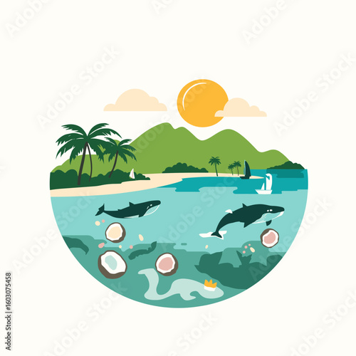 Colorful vector of Samaná bay with whales, coconuts, palm trees, mountains, and clear tropical sea under the sun