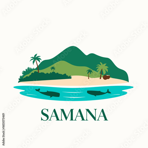 Minimalist vector of Samaná showing island beach, whales in turquoise sea, palm trees, and mountains in background