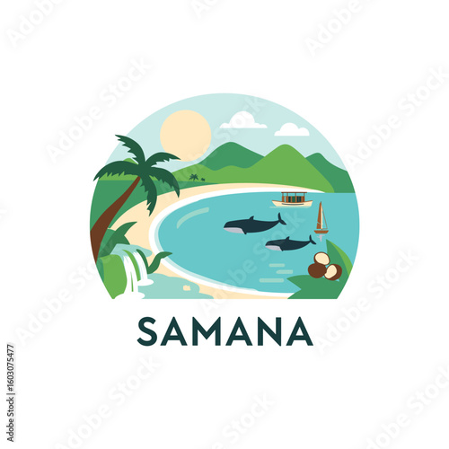 Vector illustration of Samaná with whales, beach, boat, palm trees, sun, and green mountains in a tropical landscape
