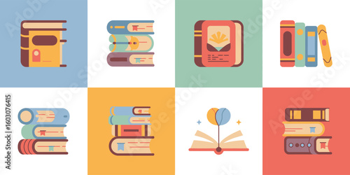 Collection of stylized books in various arrangements and colors