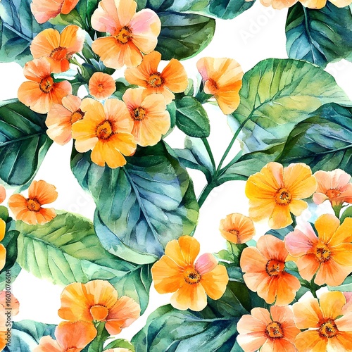 Wallpaper Mural Watercolor floral pattern of orange blossoms and green leaves. Torontodigital.ca