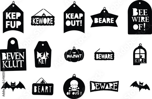  Vector art of a collection of halloween beware signs features bats and skulls