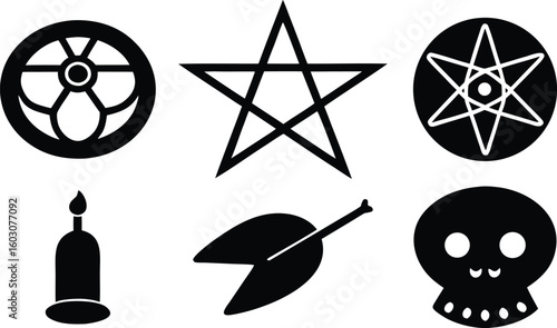 Vector icon set with black geometric circle, star, and compass designs