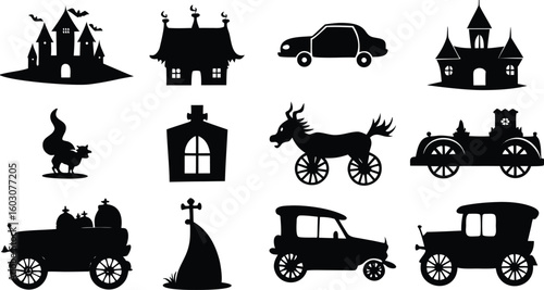  Vector art of a collection of halloween themed silhouettes including haunted houses vintage cars and spooky creatures are displayed