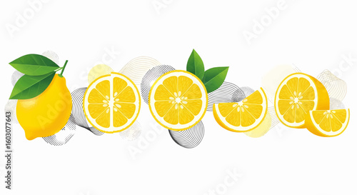 A vibrant and fresh array of citrus lemons, showcasing the natural beauty of whole and sliced fruit with green leaves, embodying healthy zest.