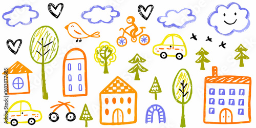 Kids doodle design, Naive baby nature sticker, colorful pencil illustration.