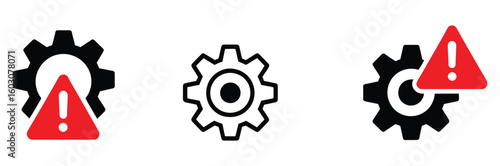 Warning alert icons with gear symbols representing system error or maintenance notifications, conveying important status updates for digital interfaces and technical operations.