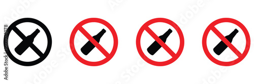 Clear prohibition signs featuring a crossed-out bottle of alcohol, universally recognized symbols for no drinking or alcohol-free zones, perfect for health and safety communications.