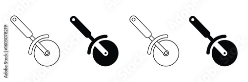 Effortlessly slice pizzas with these clean, versatile pizza cutter icons perfect for culinary designs and kitchen graphics, offering both outline and solid fill options.