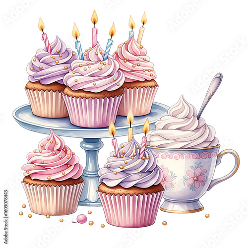 Watercolor Cupcake Trio PNG – Elegant Birthday Party Clipart with Candles

