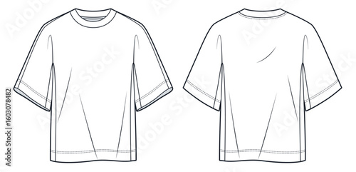 One-Piece Sleeve T-Shirt Technical Fashion Illustration. Tee Shirt fashion flat technical drawing template, front and back view, white, loose fit, crew neck, women, men, unisex Top CAD mockup.