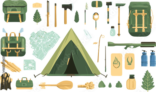 Camping Equipment Illustration with Tent Backpack Axe Map and Other Gear
