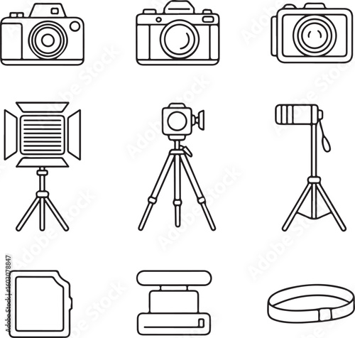 Camera Equipment Doodle Icons Pack Vintage Camera, Compact Point-and-Shoot, Lens Cap, Light Stand, Softbox, and Gear Icons