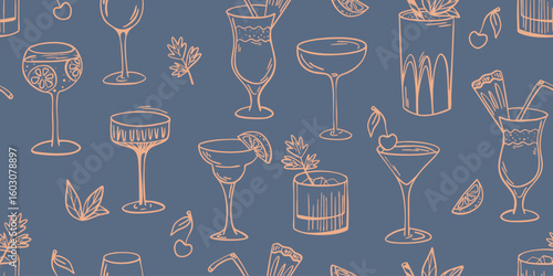Seamless vector pattern with hand drawn cocktail glasses and drinks on dark background
