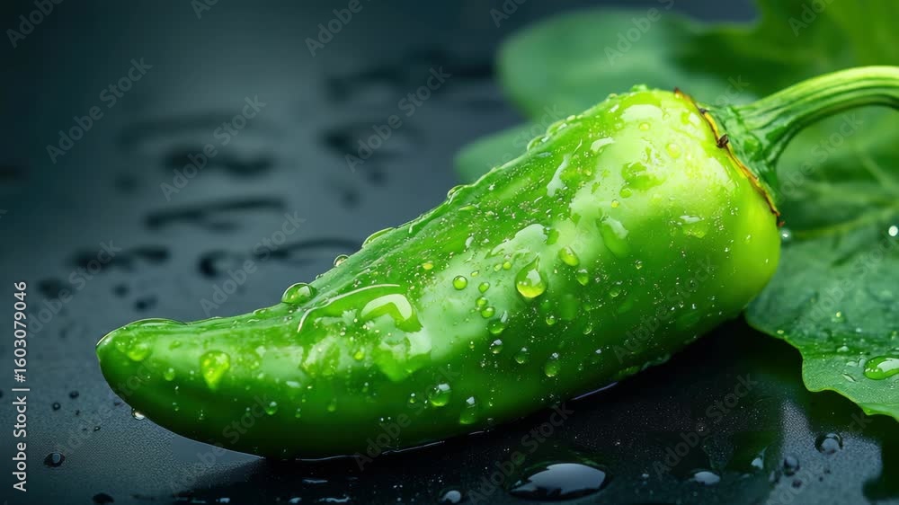 Water droplets covering a vibrant green chili pepper with its stem and leaves still attached.