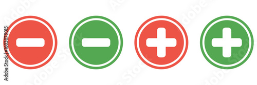 Plus and minus vector icons set.Icons plus and minus, green, red. Vector illustration.