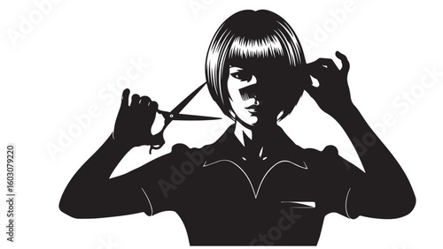 Silhouette of a woman cutting her own bob haircut, vector illustration