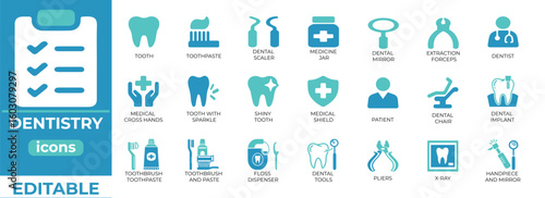 Editable dentistry icons for clinics, apps, and medical presentations
