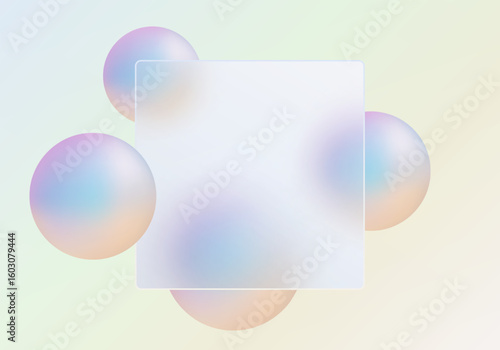 Glassmorphism pastel banner with holographic spheres