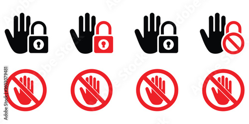 Stop hand and lock icons signify restriction access security warning prohibition and privacy protection themes for digital safety and data security awareness