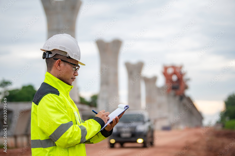 Obraz premium An Asian male engineer works at a motorway bridge construction site,Civil worker inspecting work on crossing construction,Supervisor working at high-speed railway construction site